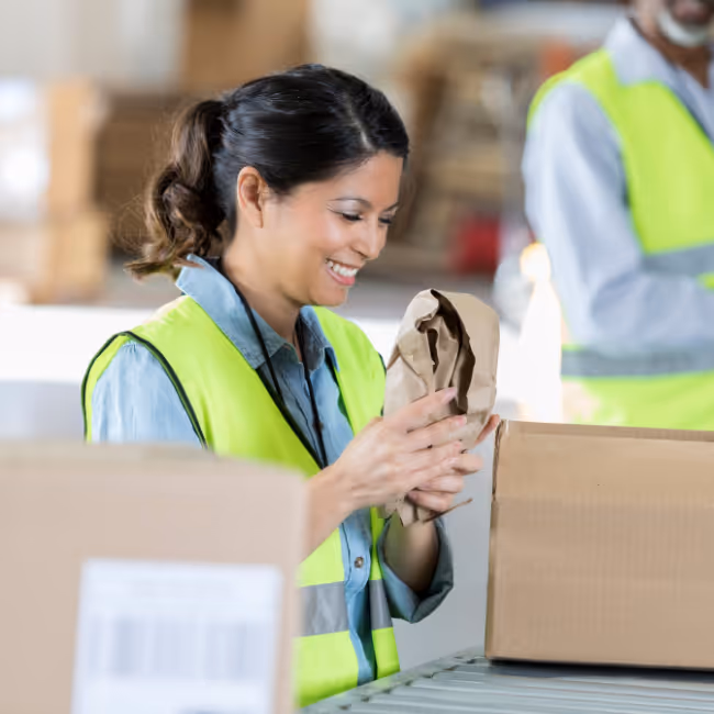 Warehouse team member reviewing packaged goods