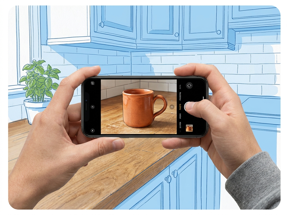 Hands photographing a terracotta mug with a smartphone