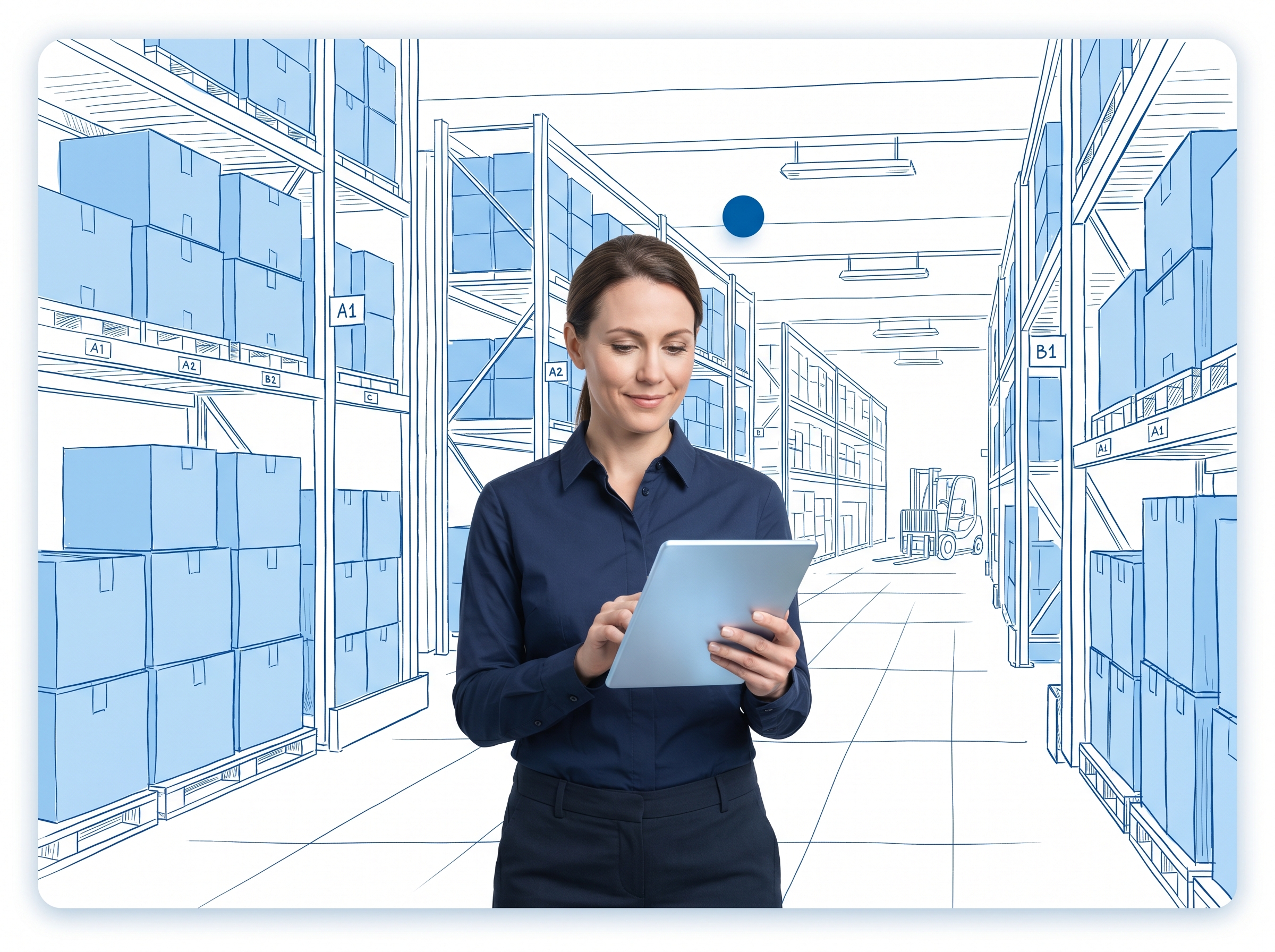 Operations director on a warehouse floor reviewing inventory on a tablet, surrounded by hand-drawn blueprint racking annotations.