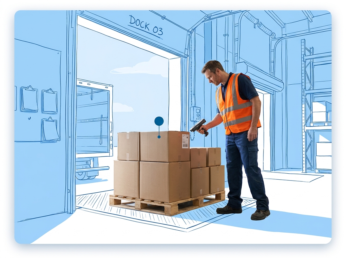 Warehouse worker inspecting boxes against a PO list, racking annotated as a hand-drawn blueprint.