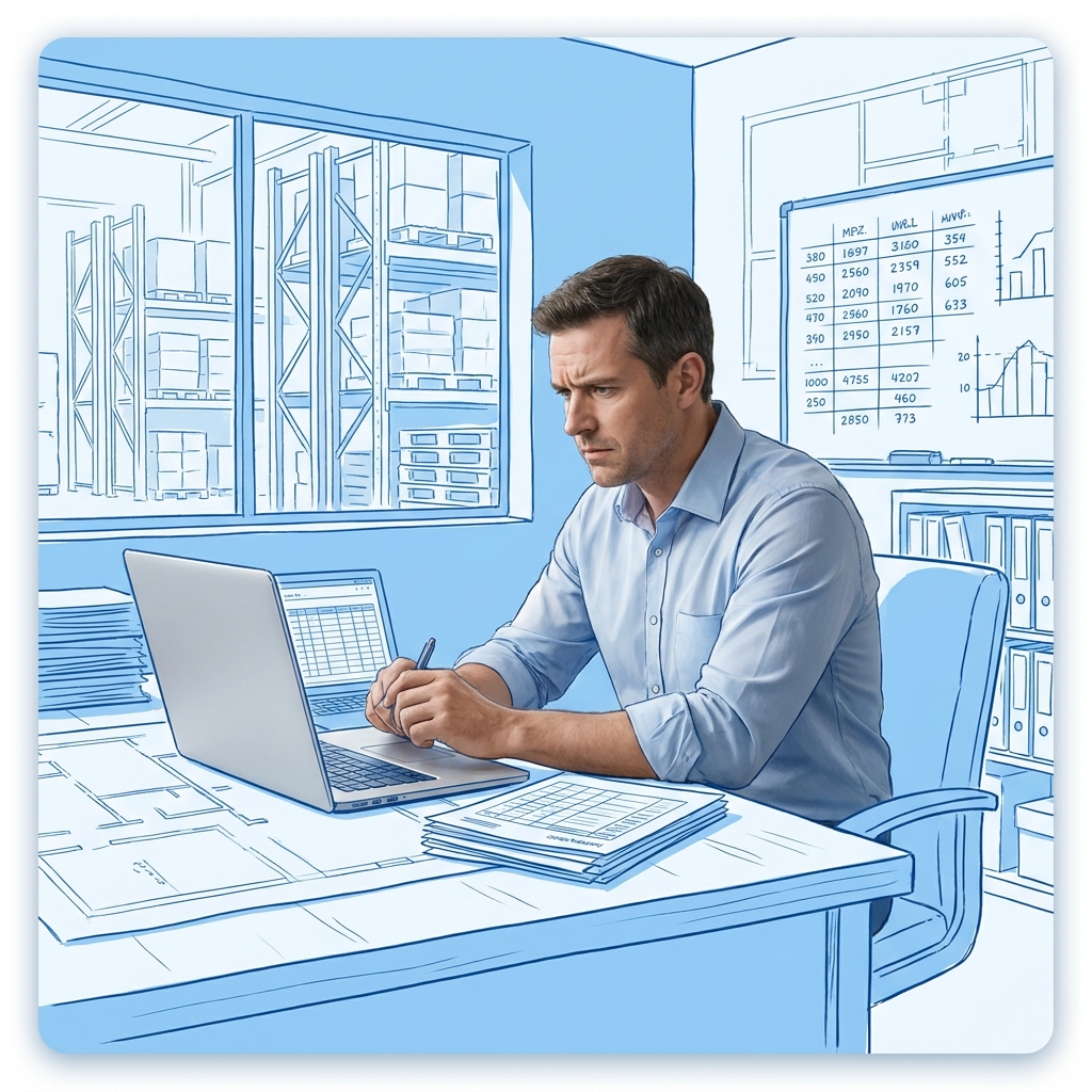 Warehouse operations manager frowning at a spreadsheet on a laptop, printed inventory reports stacked on the desk, blueprint warehouse shelving visible through the window.