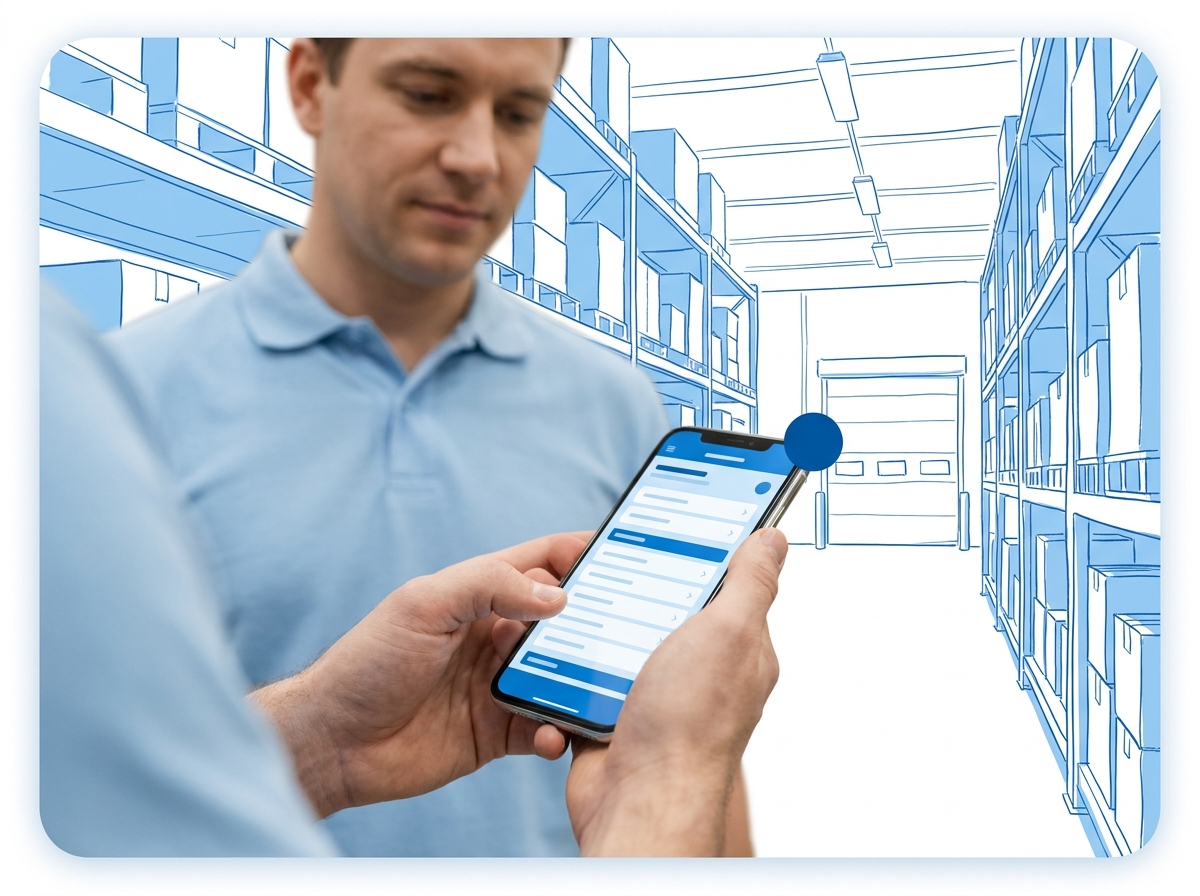 Warehouse worker using the Shelfter mobile app on a smartphone, with hand-drawn blueprint annotations of the inventory flow around them.
