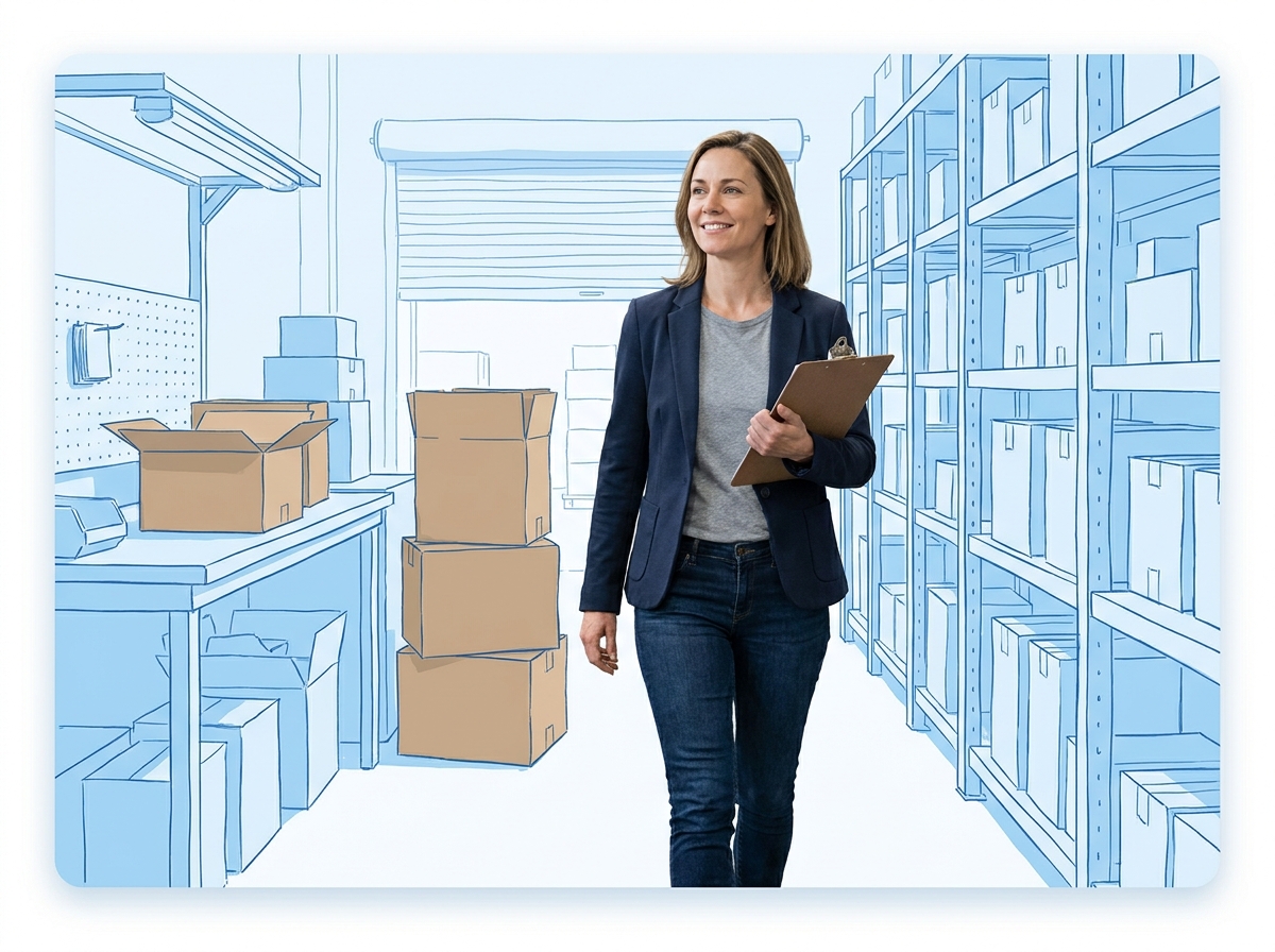 Brand operations manager walking the floor of a clean fulfillment warehouse, blueprint annotations sketched along the racks.