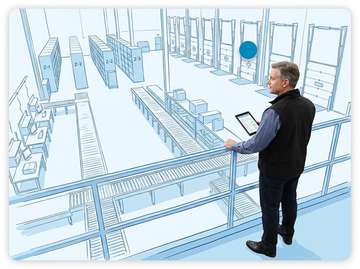 Operations director observing a high-volume fulfillment floor with conveyors and pack stations, blueprint annotations overlaid on the layout.