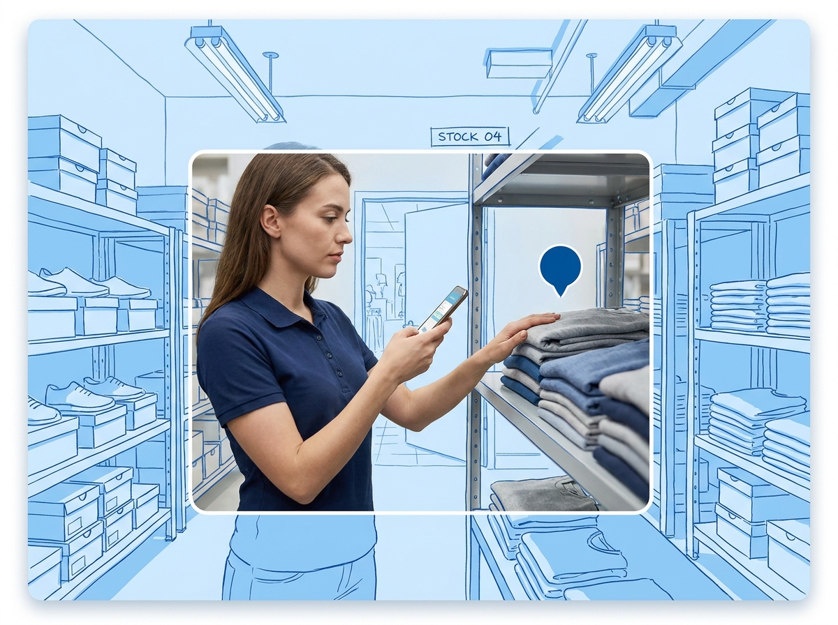 Retail floor associate scanning a product on a smartphone, hand-drawn blueprint of the store layout in the background.