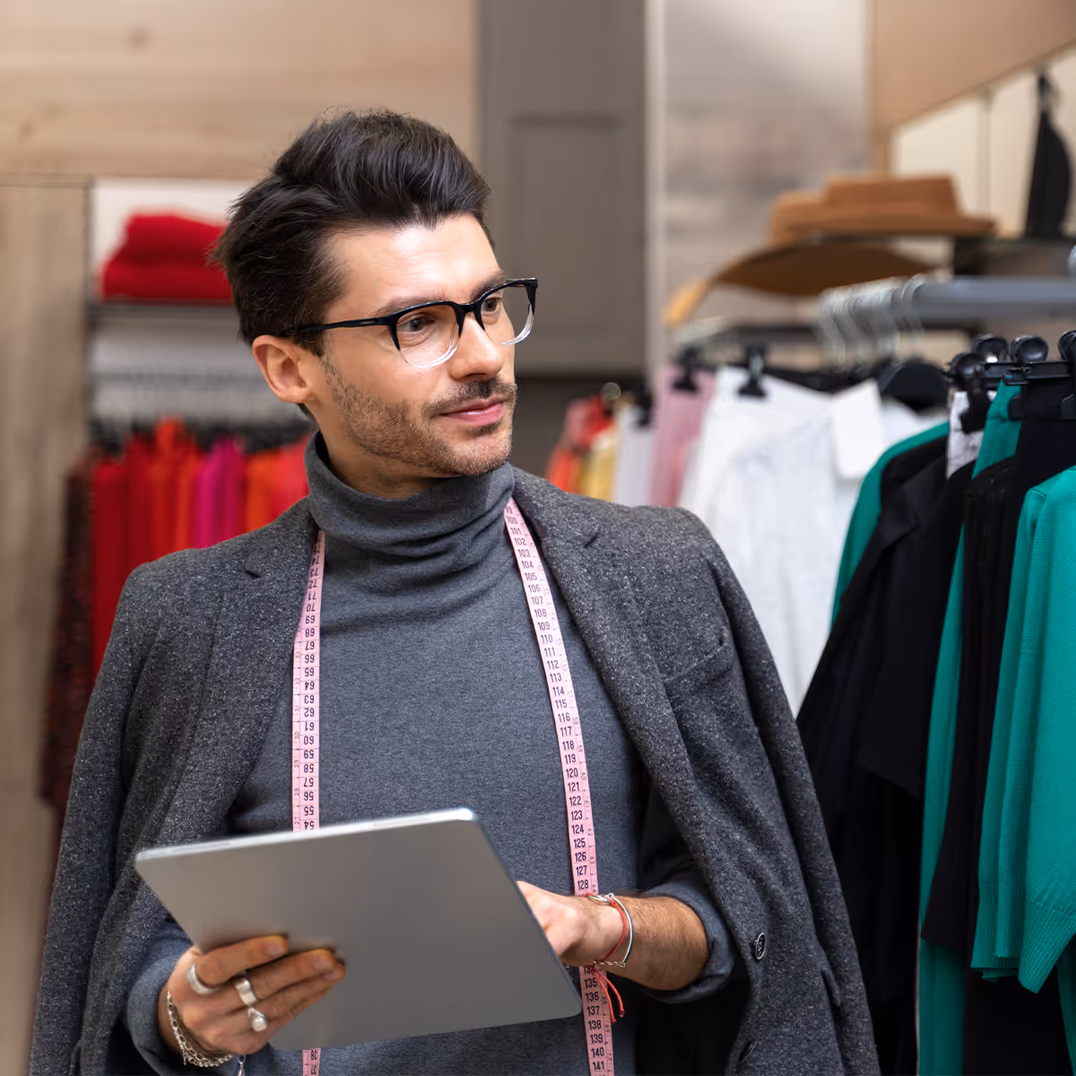 Shopify store owner reviewing inventory with a tablet in a retail shop