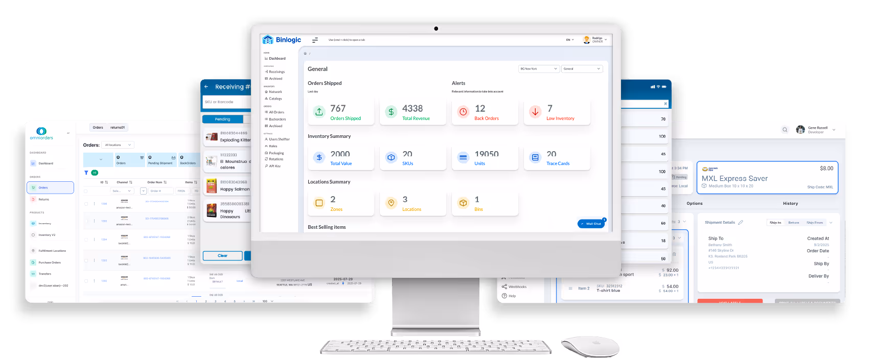 Binlogic platform and partner integrations showcased across multiple connected interfaces