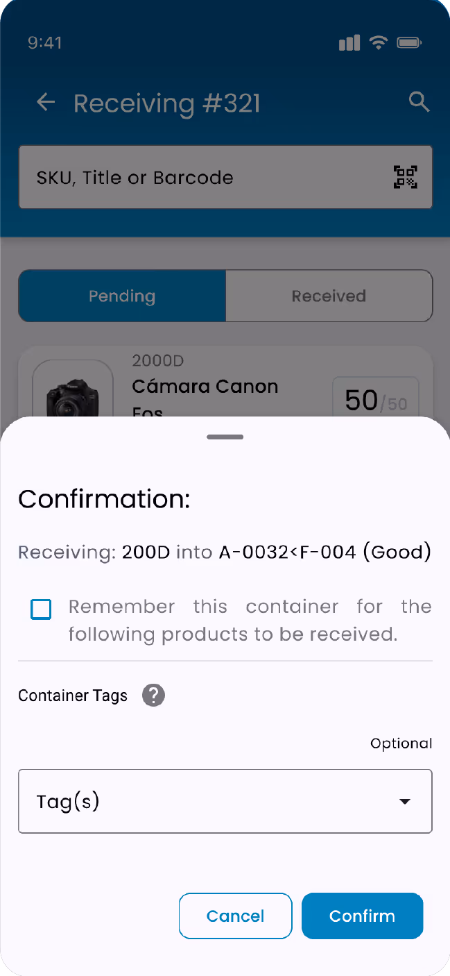 Mobile receiving workflow interface