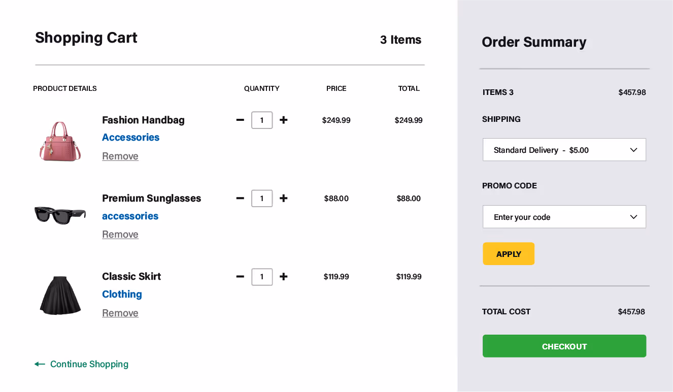 Shopping cart and order summary interface